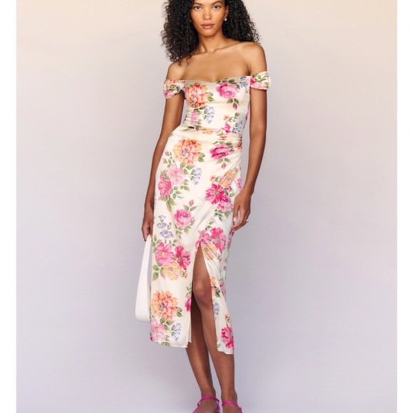 Reformation Beige Floral Genesis Off The Shoulder Back Smoking Silk Dress size 8 - Picture 13 of 13